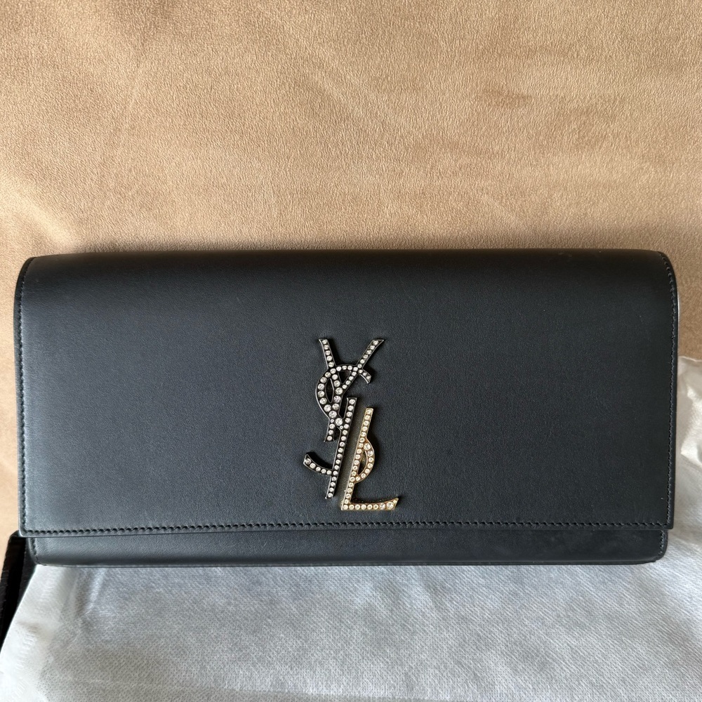 RARE Saint Laurent Kate Crystal Gold/Silver Monogram Leather black clutch